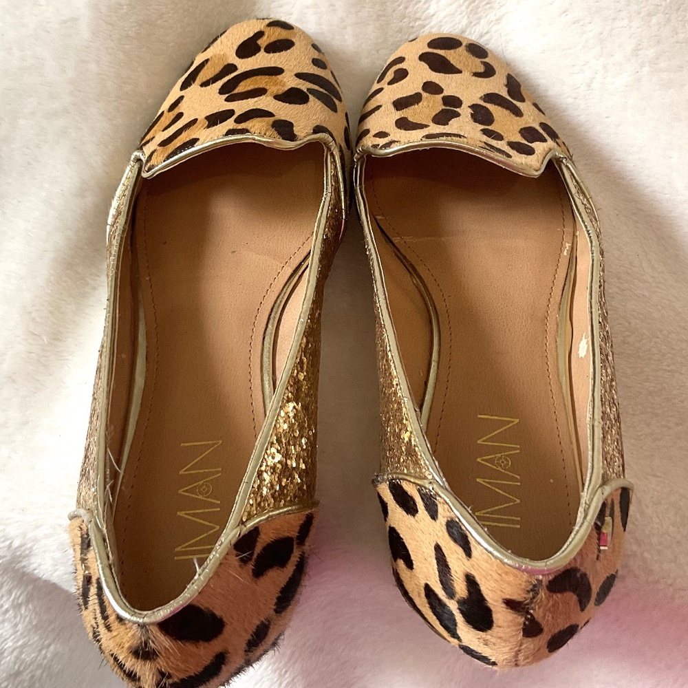 Leopard Print IMAN calf hair glittery slip On Block Heel Flats Size 8M - Picture 14 of 14